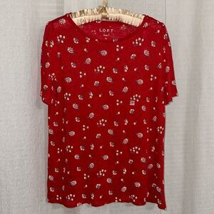 LOFT M Red Floral Linen Short Puff Sleeve Crew Tee Relaxed Fit